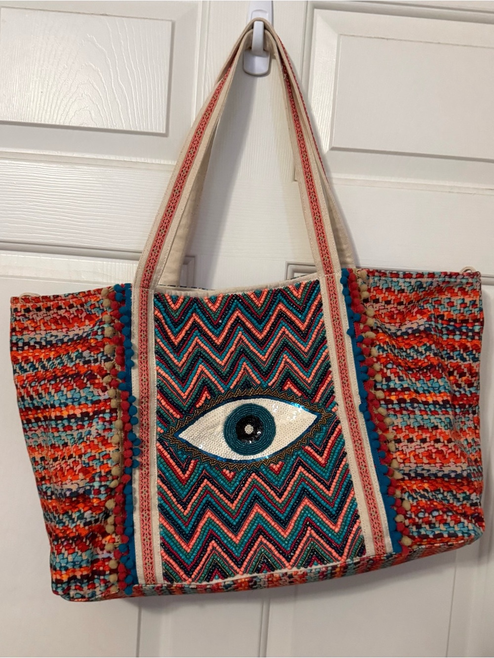 America and Beyond Woven Multicolor Evil Eye Tote Bag